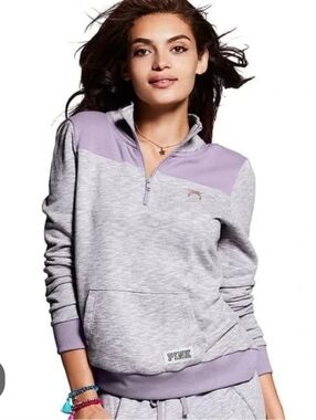 PINK Victoria's Secret Heather Gray and Lavender Quarter-Zip Pullover